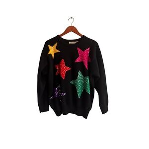 Elisabeth Liz Claiborne Black‎ Sequin Star Sweater Women's Size 2 Wool Blend